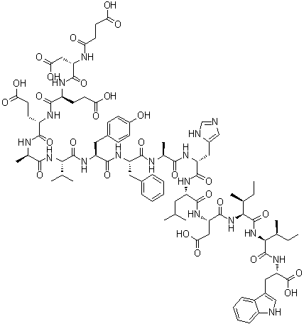 CAS # 142569-99-1, IRL 1620, N-(3-Carboxy-1-oxopropyl)-L-alpha-aspartyl-L-alpha-glutamyl-L-alpha-glutamyl-L-alanyl-L-valyl-L-tyrosyl-L-phenylalanyl-L-alanyl-L-histidyl-L-leucyl-L-alpha-aspartyl-L-isoleucyl-L-isoleucyl-L-tryptophan, 28: PN: WO2007112069 SEQID