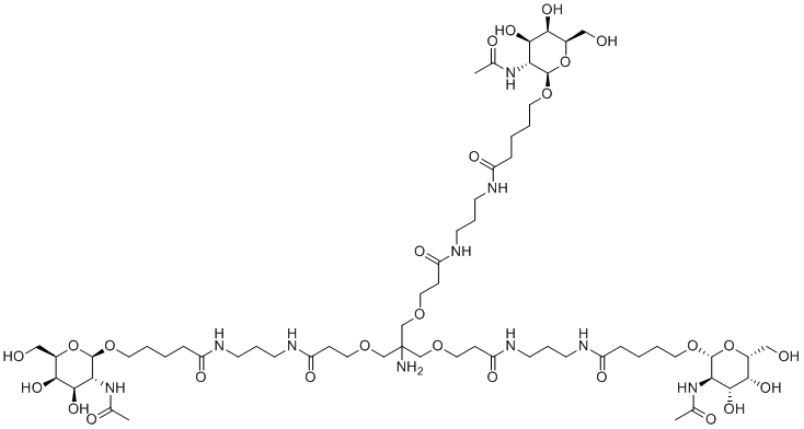 CAS # 1426160-58-8, ASGPR ligand-1, 5-[(2R,3R,4R,5R,6R)-3-acetamido-4,5-dihydroxy-6-(hydroxymethyl)oxan-2-yl]oxy-N-[3-[3-[3-[3-[3-[5-[(2R,3R,4R,5R,6R)-3-acetamido-4,5-dihydroxy-6-(hydroxymethyl)oxan-2-yl]oxypentanoylamino]propylamino]-3-oxopropoxy]-2-[[3-[3-[5-[(2R,3R,4R,5R,6R)-3-acetamido-4,5-dihydroxy-6-(hydroxymethyl)oxan-2-yl]oxypentanoylamino]propylamino]-3-oxopropoxy]methyl]-2-aminopropoxy]propanoylamino]propyl]pentanamide