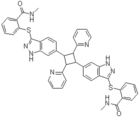 CAS # 1428728-83-9, 2,2'-[(2,4-Di-2-pyridinyl-1,3-cyclobutanediyl)bis(1H-indazole-3,6-diylthio)]bis[N-methylbenzamide]