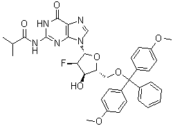 structure of CAS# 144089-96-3, 5'-O-[Bis(4-methoxyphenyl)phenylmethyl]-2'-deoxy-2'-fluoro-N-(2-methyl-1-oxopropyl)guanosine