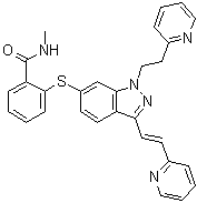 CAS 登录号：1443118-72-6, N-甲基-2-[[3-[(1E)-2-(2-吡啶基)乙烯基]-1-[2-(2-吡啶基)乙基]-1H-吲唑-6-基]硫基]苯甲酰胺