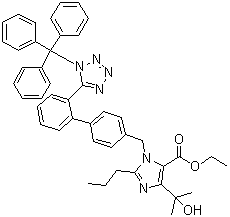 CAS # 144690-33-5, Trityl olmesartan ethyl ester, 4-(1-Hydroxy-1-methylethyl)-2-propyl-1-[[2'-[1-(triphenylmethyl)-1H-tetrazol-5-yl][1,1'-biphenyl]-4-yl]methyl]-1H-imidazole-5-carboxylic acid ethyl ester