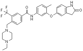 structure of CAS# 1449685-96-4, N-[3-[(2,3-二氢-2-氧代-1H-吲哚-5-基)氧基]-4-甲基苯基]-4-[(4-乙基-1-哌嗪基)甲基]-3-(三氟甲基)苯甲酰胺