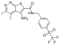 structure of CAS# 1451993-15-9, 5-Amino-3,4-dimethyl-N-[[4-[(trifluoromethyl)sulfonyl]phenyl]methyl]thieno[2,3-c]pyridazine-6-carboxamide