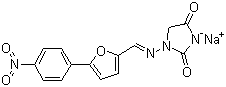 CAS # 14663-23-1, Dantrolene sodium salt, 1-[[5-(p-Nitrophenyl)furfurylidene]amino]-hydantoin sodium salt, 1-[5-(-4-Nitrophenyl)furfurylideneamino]imidazolidine-2,4-dione sodium