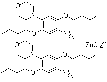 CAS # 14726-58-0, 2,5-Dibutoxy-4-morpholinobenzenediazonium chlorozincate, 4-Diazo-2,5-dibutoxyphenylmorpholine chloride zinc chloride double salt, Diazo 54, Diazo 54S, p-Diazo-2,5-n-butoxy-N-phenylmorpholine chloride zinc chloride