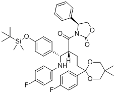 CAS # 1478663-95-4, Ezetimibe Impurity 110, (4S)-3-{(2R)-2-{(S)-(4-{[Dimethyl(2-methyl-2-propanyl)silyl]oxy}phenyl)[(4-fluorophenyl)amino]methyl}-4-[2-(4-fluorophenyl)-5,5-dimethyl-1,3-dioxan-2-yl]butanoyl}-4-phenyl-1,3-oxazolidin-2-one