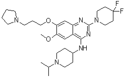 structure of CAS# 1481677-78-4, 2-(4,4-Difluoro-1-piperidinyl)-6-methoxy-N-[1-(1-methylethyl)-4-piperidinyl]-7-[3-(1-pyrrolidinyl)propoxy]-4-quinazolinamine