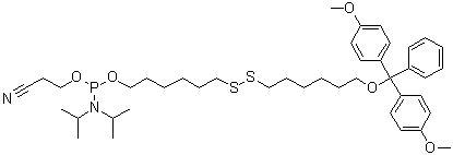 structure of CAS# 148254-21-1, N,N-Bis(1-methylethyl)phosphoramidous acid 6-[[6-[bis(4-methoxyphenyl)phenylmethoxy]hexyl]dithio]hexyl 2-cyanoethyl ester