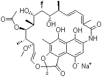 CAS # 14897-39-3, Rifamycin sodium salt, sodium (7S,9E,11S,12R,13S,14R,15R,16R,17S,18S,19E,21Z)-13-acetyloxy-2,15,17,29-tetrahydroxy-11-methoxy-3,7,12,14,16,18,22-heptamethyl-6,23-dioxo-8,30-dioxa-24-azatetracyclo[23.3.1.14,7.05,28]triaconta-1(29),2,4,9,19,21,25,27-octaen-27-olate