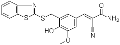 structure of CAS# 149092-50-2, 5-[(Benzothiazol-2-yl)thiomethyl]-4-hydroxy-3-methoxybenzylidenecyanoacetamide