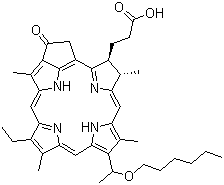CAS # 149402-51-7, Photochlor, (3S,4S)-14-Ethyl-9-[1-(hexyloxy)ethyl]-4,8,13,18-tetramethyl-20-oxo-3-phorbinepropanoic acid, 2-[1'-(Hexyloxy)ethyl]-2-devinylpyropheophorbide A, 3-Devinyl-3-(1'-hexyloxy)ethylpyropheophorbide A