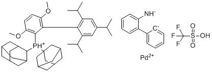 CAS # 1507404-60-5, Methanesulfonato[2-(Di-1-adamantylphosphino)-2',4',6'-triisopropyl-3,6-dimethoxybiphenyl][2-(2'-amino-1,1'-biphenyl)]palladium(II), 1-adamantyl-(2-adamantyl)-[3,6-dimethoxy-2-[2,4,6-tri(propan-2-yl)phenyl]phenyl]phosphanium palladium(2+) (2-phenylphenyl)azanide,trifluoromethanesulfonic acid