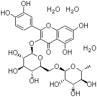 CAS # 153-18-4, Rutin, 3-[[6-O-(6-Deoxy-alpha-L-mannopyranosyl)-beta-D-glucopyranosyl]oxy]-2-(3,4-dihydroxyphenyl)-5,7-dihydroxy-4H-1-benzopyran-4-one, C.I. 75730