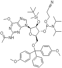 CAS 登录号：153248-58-9, N-乙酰基-5'-O-(4,4-二甲氧基三苯甲基)-2'-O-[(叔丁基)二甲基硅基]-6'-O-甲基鸟苷-3'-(2-氰基乙基-N,N-二异丙基)亚磷酰胺