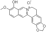 CAS # 15401-69-1, Berberrubine chloride, 9-Berberoline chloride, 9-Demethoxy-9-hydroxyberberinium chloride, Beroline chloride, 5,6-Dihydro-9-hydroxy-10-methoxybenzo[g]-1,3-benzodioxolo[5,6-a]quinolizinium chloride