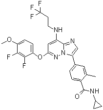 structure of CAS# 1554458-53-5, N-环丙基-4-[6-(2,3-二氟-4-甲氧基苯氧基)-8-[(3,3,3-三氟丙基)氨基]咪唑并[1,2-b]哒嗪-3-基]-2-甲基苯甲酰胺