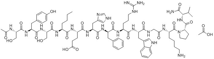 CAS # 1566590-77-9, Melanotan-1, Afamelanotide acetate,(4S)-4-[[(2S)-2-[[(2S)-2-[[(2S)-2-[[(2S)-2-acetamido-3-hydroxypropanoyl]amino]-3-(4-hydroxyphenyl)propanoyl]amino]-3-hydroxypropanoyl]amino]hexanoyl]amino]-5-[[(2S)-1-[[(2R)-1-[[(2S)-1-[[(2S)-1-[[2-[[(2S)-6-amino-1-[(2S)-2-[[(2S)-1-amino-3-methyl-1-oxobutan-2-yl]carbamoyl]pyrrolidin-1-yl]-1-oxohexan-2-yl]amino]-2-oxoethyl]amino]-3-(1H-indol-3-yl)-1-oxopropan-2-yl]amino]-5-carbamimidamido-1-oxopentan-2-yl]amino]-1-oxo-3-phenylpropan-2-yl]amino]-3-(1H-imidazol-4-yl)-1-oxopropan-2-yl]amino]-5-oxopentanoic acid,acetic acid