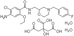 CAS # 156925-25-6, Mosapride citrate dihydrate, 4-Amino-5-chloro-2-ethoxy-N-[[4-[(4-fluorophenyl)methyl]morpholin-2-yl]methyl]benzamide citrate dihydrate