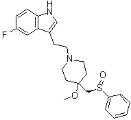 CAS # 158848-32-9, 5-Fluoro-3-[2-[4-methoxy-4-[[(R)-phenylsulfinyl]methyl]-1-piperidinyl]ethyl]-1H-indole, GR 159897