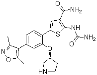 structure of CAS# 1609281-86-8, 2-[(Aminocarbonyl)amino]-5-[4-(3,5-dimethyl-4-isoxazolyl)-2-[(3S)-3-pyrrolidinyloxy]phenyl]-3-thiophenecarboxamide