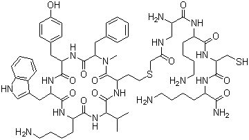 CAS # 161982-62-3, Depreotide, Cyclo(L-homocysteinyl-N-methyl-L-phenylalanyl-L-tyrosyl-D-tryptophyl-L-lysyl-L-valyl) (1-1')-thioether with 3-[(2-mercaptoacetyl)amino]-L-alanyl-L-lysyl-L-cysteinyl-L-lysinamide