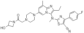 structure of CAS# 1628260-79-6, 2-[[2-乙基-6-[4-[2-(3-羟基-1-氮杂环丁基)-2-氧代乙基]-1-哌嗪基]-8-甲基咪唑并[1,2-a]吡啶-3-基]甲基氨基]-4-(4-氟苯基)-5-噻唑甲腈