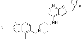 CAS # 1628317-18-9, 4-Methyl-5-[[4-[[6-(2,2,2-trifluoroethyl)thieno[2,3-d]pyrimidin-4-yl]amino]-1-piperidinyl]methyl]-1H-indole-2-carbonitrile, MI 463