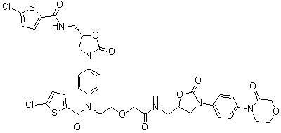 structure of CAS# 1632463-24-1, 5-Chloro-N-[4-[(5S)-5-[[[(5-chloro-2-thienyl)carbonyl]amino]methyl]-2-oxo-3-oxazolidinyl]phenyl]-N-[2-[2-oxo-2-[[[(5S)-2-oxo-3-[4-(3-oxo-4-morpholinyl)phenyl]-5-oxazolidinyl]methyl]amino]ethoxy]ethyl]-2-thiophenecarboxamide