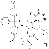5-[5-O-[Bis(4-methoxyphenyl)phenylmethyl]-3-O-[[bis(1-methylethyl)amino](2-cyanoethoxy)phosphino]-2-O-[(1,1-dimethylethyl)dimethylsilyl]-beta-D-ribofuranosyl]-2,4(1H,3H)-pyrimidinedione molecular structure (CAS 163496-23-9)