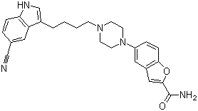 CAS # 163521-12-8, Vilazodone, 5-[4-[4-(5-Cyanoindol-3-yl)butyl]piperazin-1-yl]benzofuran-2-carboxamide