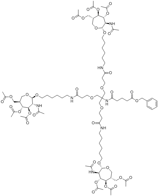 CAS # 1637413-81-0, [(6-{[(2R,3R,4R,5R,6R)-4,5-bis(acetyloxy)-6-[(acetyloxy)methyl]-3-acetamidooxepan-2-yl]oxy}hexyl)carbamoyl]ethoxy)methyl]propan-2-yl)carbamoyl]butanoate, benzyl 5-[[1,3-bis[3-[6-[(2R,3R,4R,5R,6R)-3-acetamido-4,5-diacetyloxy-6-(acetyloxymethyl)oxepan-2-yl]oxyhexylamino]-3-oxopropoxy]-2-[[3-[6-[(2R,3R,4R,5R,6R)-3-acetamido-4,5-diacetyloxy-6-(acetyloxymethyl)oxepan-2-yl]oxyhexylamino]-3-oxopropoxy]methyl]propan-2-yl]amino]-5-oxopentanoate