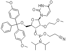 structure of CAS# 163759-97-5, 5'-O-[Bis(4-methoxyphenyl)phenylmethyl]-2'-O-(2-methoxyethyl)uridine 3'-[2-cyanoethyl bis(1-methylethyl)phosphoramidite]