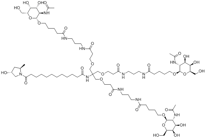 CAS # 1639325-43-1, Givosiran, 21-[(2-Acetamido-2-deoxy-β-D-galactopyranosyl)oxy]-N-[3-({5-[(2-acetamido-2-deoxy-β-D-galactopyranosyl)oxy]pentanoyl}amino)propyl]-6-[(3-{[3-({5-[(2-acetamido-2-deoxy-β-D-galactopyranosyl)oxy ]pentanoyl}amino)propyl]amino}-3-oxopropoxy)methyl]-6-({12-[(2R,4R)-4-hydroxy-2-methyl-1-pyrrolidinyl]-12-oxododecanoyl}amino)-11,17-dioxo-4,8-dioxa-12,16-diazahenicosan-1-amide