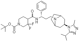 CAS # 1673575-90-0, 3,3-Difluoro-4-[[[(1S)-3-[(3-exo)-3-[3-methyl-5-(1-methylethyl)-4H-1,2,4-triazol-4-yl]-8-azabicyclo[3.2.1]oct-8-yl]-1-phenylpropyl]amino]carbonyl]-1-piperidinecarboxylic acid 1,1-dimethylethyl ester