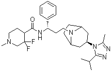 CAS # 1673575-99-9, 3,3-Difluoro-1-methyl-N-[(1S)-3-[(3-exo)-3-[3-methyl-5-(1-methylethyl)-4H-1,2,4-triazol-4-yl]-8-azabicyclo[3.2.1]oct-8-yl]-1-phenylpropyl]-4-piperidinecarboxamide