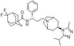 CAS # 1678517-29-7, 4,4-Difluoro-N-[(1S)-3-[(3-exo)-3-[3-methyl-5-(1-methylethyl)-4H-1,2,4-triazol-4-yl]-8-azabicyclo[3.2.1]oct-8-yl]-1-phenylpropyl]tricyclo[3.3.1.1(3,7)]decane-1-carboxamide