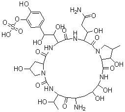 CAS # 168110-44-9, Micafungin FR-179642 impurity (acid), [5-[(1S,2S)-2-[(3S,6S,9S,11R,15S,18S,20R,21R,24S,25S,26S)-18-amino-3-[(1R)-3-amino-1-hydroxy-3-oxopropyl]-11,20,21,25-tetrahydroxy-15-[(1R)-1-hydroxyethyl]-26-methyl-2,5,8,14,17,23-hexaoxo-1,4,7,13,16,22-hexazatricyclo[22.3.0.09,13]heptacosan-6-yl]-1,2-dihydroxyethyl]-2-hydroxyphenyl] hydrogen sulfate