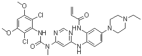 CAS # 1702259-66-2, N-[2-[[6-[[[(2,6-Dichloro-3,5-dimethoxyphenyl)amino]carbonyl]methylamino]-4-pyrimidinyl]amino]-5-(4-ethyl-1-piperazinyl)phenyl]-2-propenamide