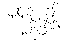 structure of CAS# 172361-60-3, 2'-O-[Bis(4-methoxyphenyl)phenylmethyl]-3'-deoxy-N-[(dimethylamino)methylene]guanosine