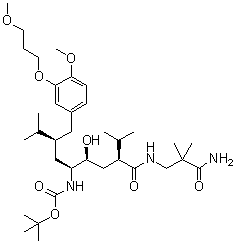 structure of CAS# 173338-07-3, N-[(1S,2S,4S)-4-[[(3-Amino-2,2-dimethyl-3-oxopropyl)amino]carbonyl]-2-hydroxy-1-[(2S)-2-[[4-methoxy-3-(3-methoxypropoxy)phenyl]methyl]-3-methylbutyl]-5-methylhexyl]carbamic acid 1,1-dimethylethyl ester