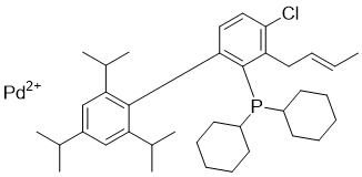 CAS # 1798782-02-1, Chloro(crotyl)(2-dicyclohexylphosphino-2',4',6'-triisopropyl-1,1'-biphenyl) palladium(II), [2-[(E)-but-2-enyl]-3-chloro-6-[2,4,6-tri(propan-2-yl)phenyl]phenyl]-dicyclohexylphosphane palladium(2+)