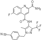 CAS 登录号：1799753-63-1, N4-[1-[(4-氰基苯基)甲基]-5-甲基-3-(三氟甲基)-1H-吡唑-4-基]-6-氟-2,4-喹啉二甲酰胺