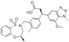 CAS # 1799974-69-8, KI696 isomer, (3R)-3-(7-methoxy-1-methylbenzotriazol-5-yl)-3-[4-methyl-3-[[(4R)-4-methyl-1,1-dioxo-3,4-dihydro-5,1?6,2-benzoxathiazepin-2-yl]methyl]phenyl]propanoic acid