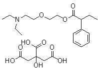 CAS # 18109-81-4, Butamirate citrate, Abbott36581, Acodeen, Butamiratecitrate, CoughCut, HH197, Panatus, Sincodeen, Sincodin, Sincodix, Sinecod, Sinecond, 2-[2-(Diethylamino)ethoxy]ethyl-2-phenylbutyrate citrate
