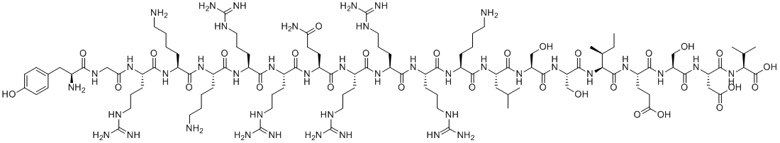 CAS # 1834571-04-8, Tat-NR2B9c TFA, (4S)-4-[[(2S,3S)-2-[[(2S)-2-[[(2S)-2-[[(2S)-2-[[(2S)-6-amino-2-[[(2S)-2-[[(2S)-2-[[(2S)-2-[[(2S)-5-amino-2-[[(2S)-2-[[(2S)-2-[[(2S)-6-amino-2-[[(2S)-6-amino-2-[[(2S)-2-[[2-[[(2S)-2-amino-3-(4-hydroxyphenyl)propanoyl]amino]acetyl]amino]-5-carbamimidamidopentanoyl]amino]hexanoyl]amino]hexanoyl]amino]-5-carbamimidamidopentanoyl]amino]-5-carbamimidamidopentanoyl]amino]-5-oxopentanoyl]amino]-5-carbamimidamidopentanoyl]amino]-5-carbamimidamidopentanoyl]amino]-5-carbamimidamidopentanoyl]amino]hexanoyl]amino]-4-methylpentanoyl]amino]-3-hydroxypropanoyl]amino]-3-hydroxypropanoyl]amino]-3-methylpentanoyl]amino]-5-[[(2S)-1-[[(2S)-3-carboxy-1-[[(1S)-1-carboxy-2-methylpropyl]amino]-1-oxopropan-2-yl]amino]-3-hydroxy-1-oxopropan-2-yl]amino]-5-oxopentanoic acid
