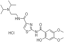 CAS # 185104-11-4, Acotiamide hydrochloride, N-[2-[Bis(1-methylethyl)amino]ethyl]-2-[(2-hydroxy-4,5-dimethoxybenzoyl)amino]-4-thiazolecarboxamide hydrochloride