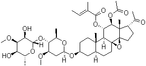 CAS # 191729-43-8, Tenacissoside G, Tenacissimoside A, (3beta,5alpha,11alpha,12beta,14beta,17alpha)-12-(Acetyloxy)-3-[[2,6-dideoxy-4-O-(6-deoxy-3-O-methyl-beta-D-allopyranosyl)-3-O-methyl-beta-D-arabino-hexopyranosyl]oxy]-8,14-epoxy-11-[[(2E)-2-methyl-1-oxo-2-buten-1-yl]oxy]pregnan-20-one