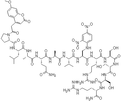 CAS # 192723-42-5, 1-[(7-Methoxy-2-oxo-2H-1-benzopyran-4-yl)acetyl]-L-prolyl-L-leucyl-L-alanyl-L-glutaminyl-L-alanyl-L-valyl-3-[(2,4-dinitrophenyl)amino]-L-alanyl-L-arginyl-L-seryl-L-seryl-L-seryl-L-argininamide