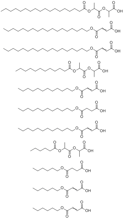 CAS 登录号：1927969-11-6, 2-(2-月桂酰氧基丙酰氧基)丙酸,4-十二烷氧基-4-氧代丁酸,4-十二烷氧基-4-氧代丁-2-烯酸,2-(2-己酰氧基丙酰氧基)丙酸,4-己氧基-4-氧代丁酸,4-己氧基-4-氧代丁-2-烯酸,2-(2-十八酰氧基丙酰氧基)丙酸,4-十八烷氧基-4-氧代丁-2-烯酸